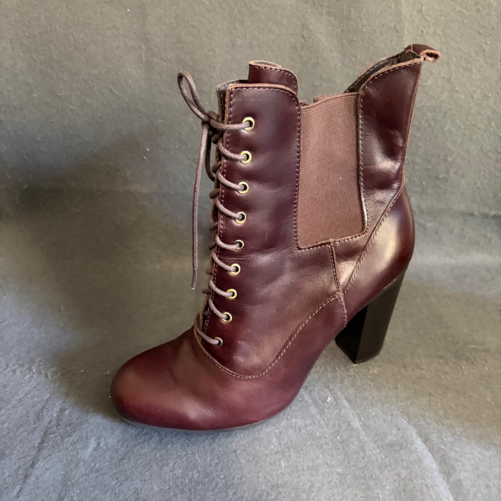 Victorian Whimsigoth Lace Up Ankle Boots Women 9 Burgundy 3.5" Heel 90s Core
